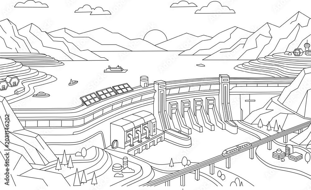 Fototapeta premium Technology dam integrates solar panels and railway lines in a mountainous landscape. Suitable for technology, energy, innovation, infrastructure concepts.
