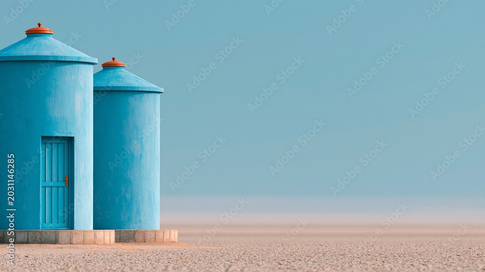 Naklejka premium Two blue cylindrical structures with conical roofs stand on a sandy landscape under a clear blue sky, showcasing a minimalist architectural design in a serene environment