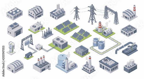 Collection of isometric industrial buildings and power generation facilities.