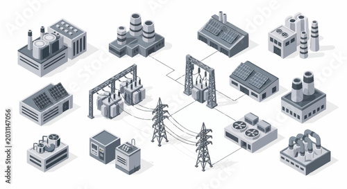 Isometric illustration of industrial factories and power grid infrastructure, representing energy production and distribution.