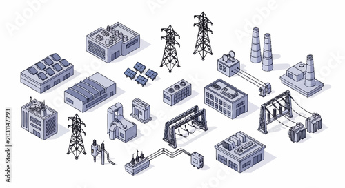 Isometric illustration of various electrical power generation and distribution infrastructure elements on a white background.