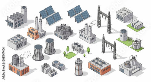 Collection of isometric industrial buildings and power generation elements, including factories, power plants, solar panels, and cooling towers.