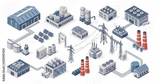 Isometric illustration of various industrial power generation and distribution facilities, including solar panels, power plants, and substations.