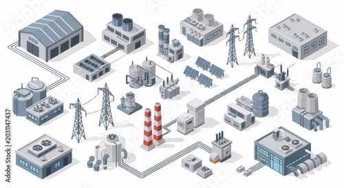 Schilderij op canvas Isometric illustration of a modern industrial complex with various power generation and distribution elements