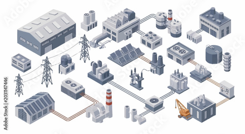 Foto Isometric illustration of a modern industrial complex with power generation and distribution infrastructure