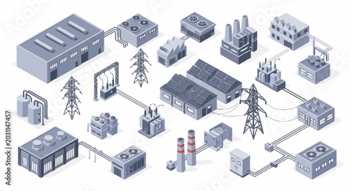 Isometric illustration of a modern industrial power grid system with various power plants and substations.