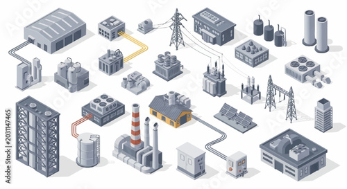 Bild auf Leinwand Collection of isometric industrial buildings and power generation elements for energy infrastructure concepts