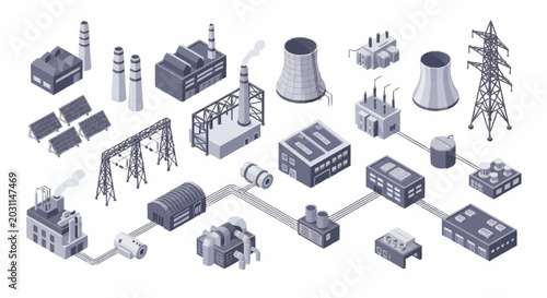 Foto Isometric industrial power plant elements including solar panels, cooling towers, and transmission towers