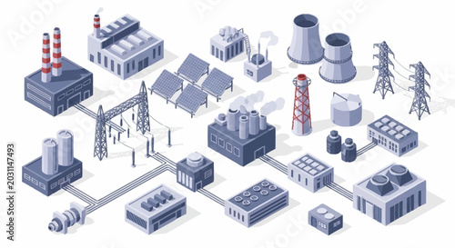 Isometric illustration of an industrial power generation and distribution system with various facilities and infrastructure.