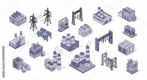 Collection of isometric industrial buildings and elements, representing various sectors of industry and energy production.