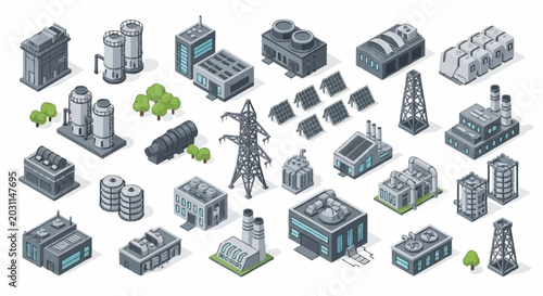 Isometric industrial buildings and structures collection, including factories, power lines, and storage tanks.