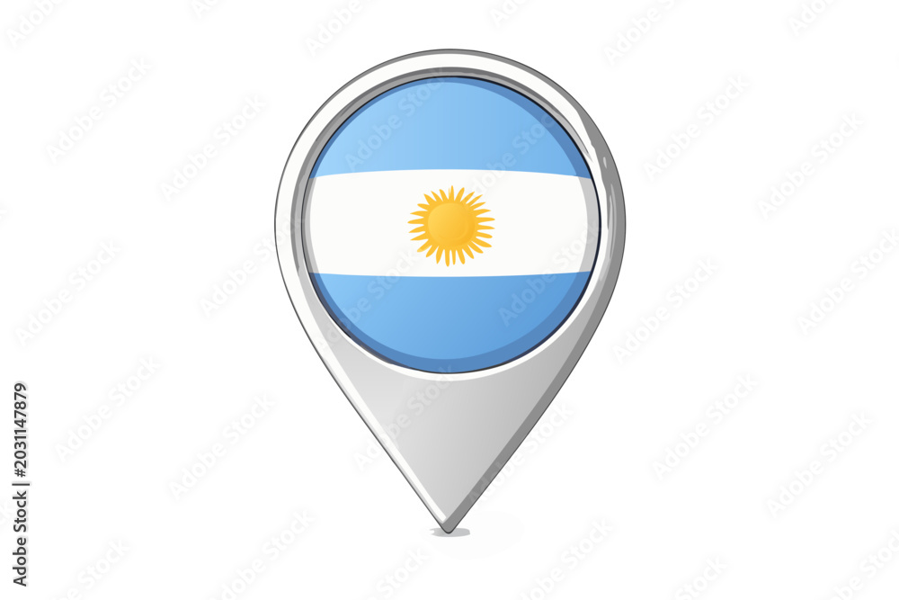Obraz premium Argentina flag location pin icon, glossy map marker with national colors and sun emblem, vector illustration isolated on transparent background