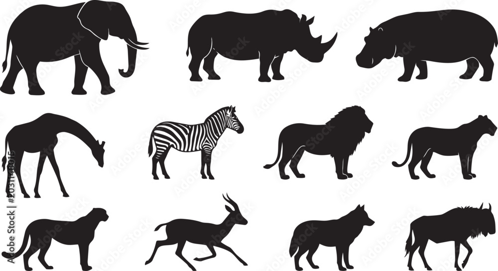 Obraz premium Wild Safari Animals Silhouette Vector Set Featuring Isolated African Wildlife Elephant Rhino Lion Cheetah Zebra and Hippo for Nature Landscape Graphic Design Elements