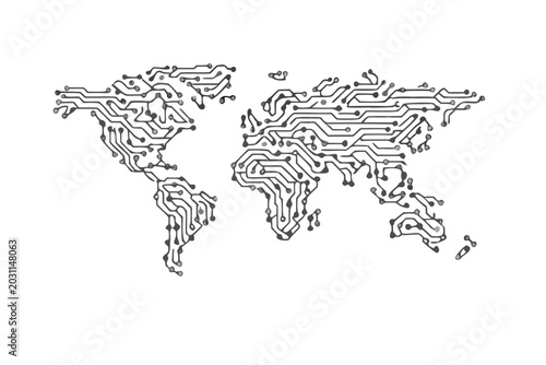 Digital world map made of circuit board lines and nodes, global technology network vector illustration isolated on transparent background