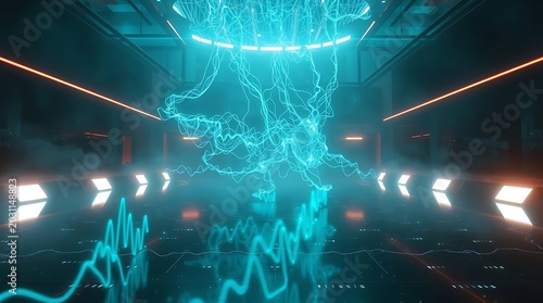 Abstract digital background with glowing blue light waves and futuristic cyber neon lines