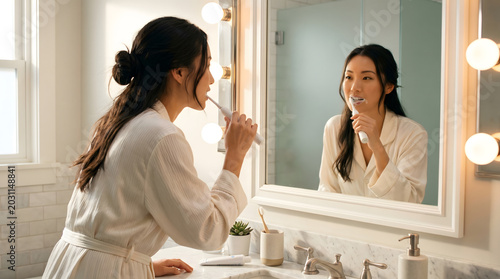 Woman in white robe brushing teeth looking at mirror with bathroom reflection
