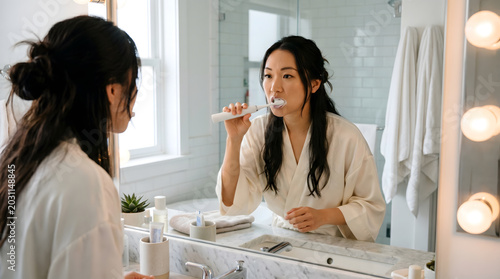 Woman in robe brushing teeth with electric toothbrush in front of mirror