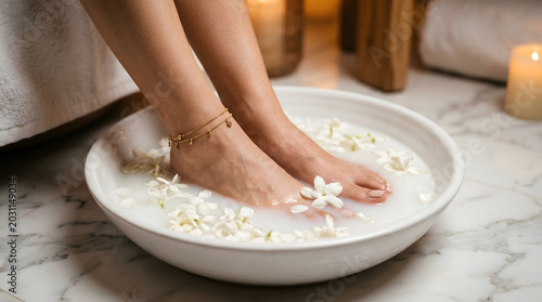 Foot soaking in white bowl with flower petal and milk water on marble