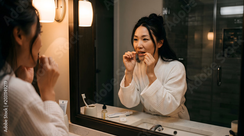 Woman in robe using dental floss while looking at bathroom mirror at night