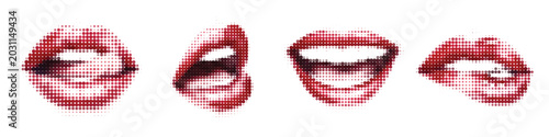 Fotografía Halftone Red Lips Set Kiss Mouth Beauty Retro Dot Pattern Cosmetic Sexy Vector C