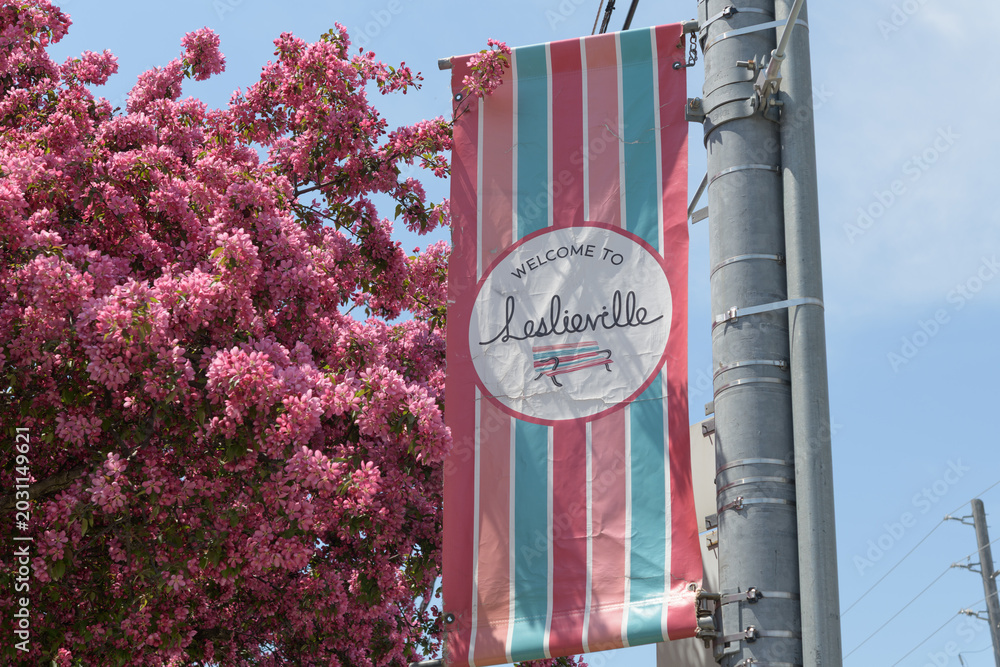 Naklejka premium wrinkled pole mounted Welcome banner for Leslieville with flowering crabapple tree, Queen St E, Toronto