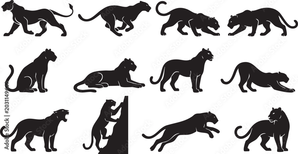 Obraz premium Black Panther Silhouette Collection Vector Set, Wild Cat Animal Poses Clipart, Big Cat Logo Bundle, Feline Shadow Illustration Isolated on White Background