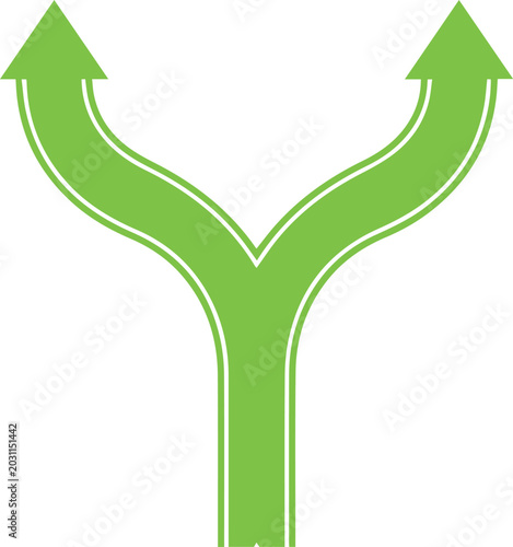 Slika na platnu Green arrows splitting into two directions symbolizing choice or divergence dire