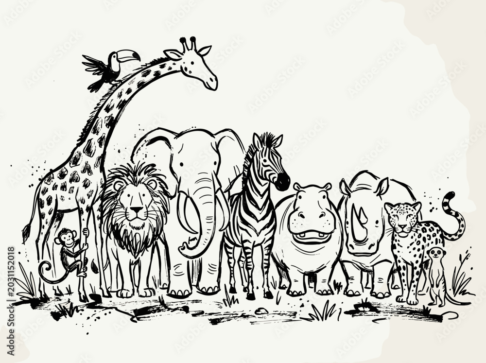 Naklejka premium Ten jungle safari animals stand together, minimalist black and white brush line art illustration