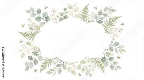 Watercolor botanical border frame wild leaves and fern with small bees flying around, soft green and beige tones create delicate natural floral design for invitations or cards
