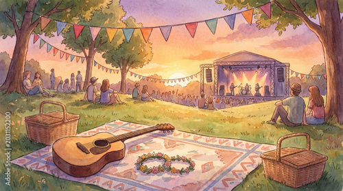 Watercolor music festival picnic scene with guitar, flower crown, baskets, and people enjoying sunset concert in park