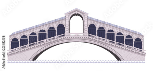 Rialto Bridge of Grand Canal in Venice, Italy. Famous landmark in Venezia old town. Vector illustration isolated on white background