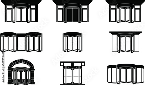 Bild auf Leinwand Modern Revolving Door Entrance Silhouette Vector Icon Set for Architectural Desi