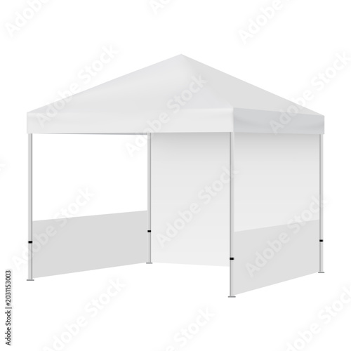 Blank canopy tent mockup with side and back walls, side view. Portable outdoor booth template for branding, advertising, trade shows, festivals, markets and promotional events