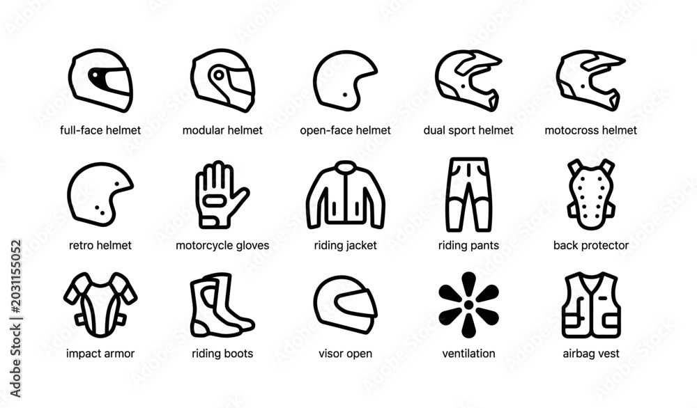 Fototapeta premium Motorcycle helmets and protective gear icons showing safety types