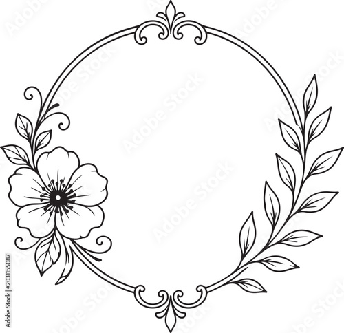 Floral Wreath, Vintage Flower Border, Black Line Art Ornament, Elegant Decoration Vector