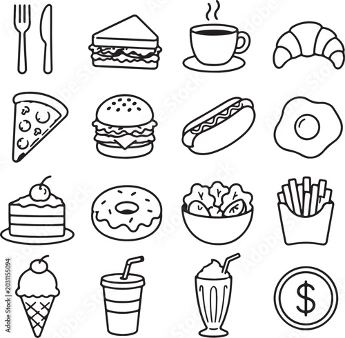 Food icons, restaurant symbols, 16 line drawings, black and white, vector illustrations, fast food, desserts, drinks