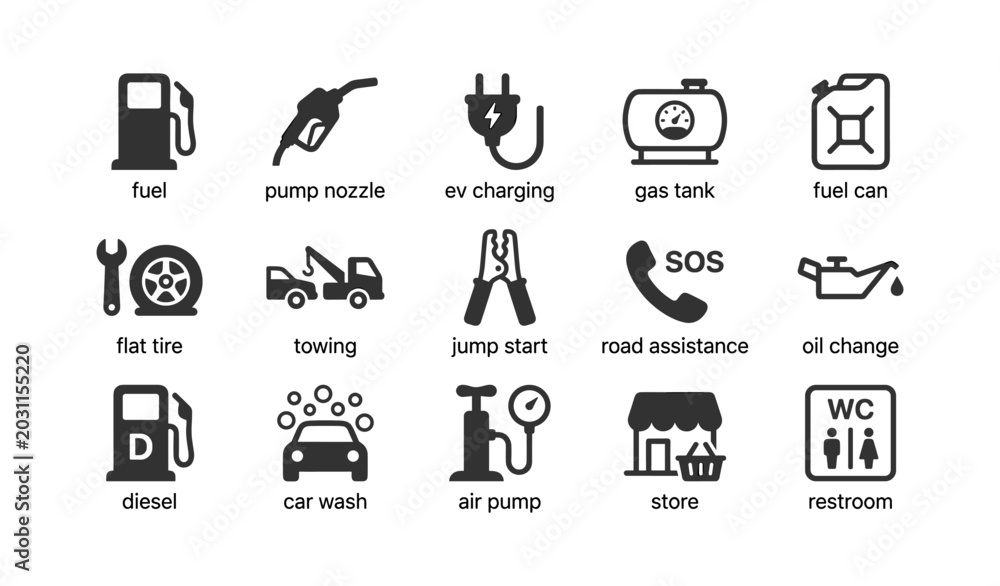 Fototapeta premium Roadside fuel and car service icons showing pumps and repairs