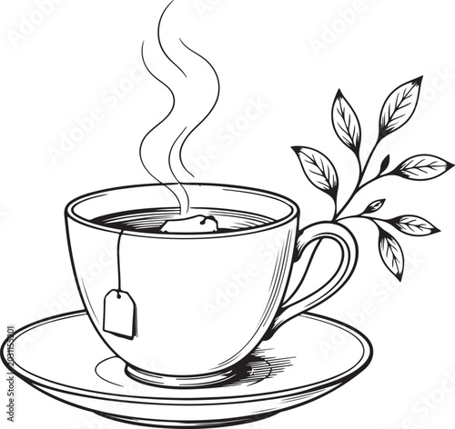 Steaming cup of tea, tea cup, saucer, leafy branch, black and white illustration, vector graphics
