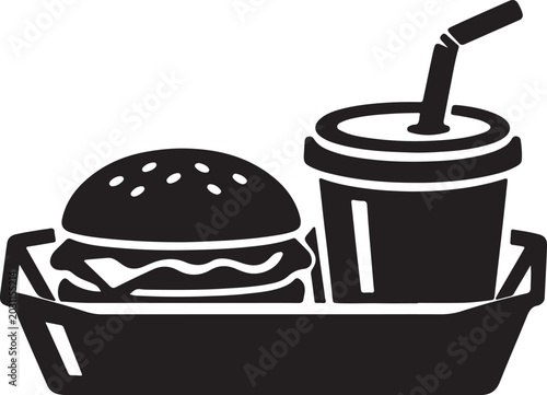 Fast food, burger, drink, tray, vector icon, black, white background, restaurant, meal, takeout