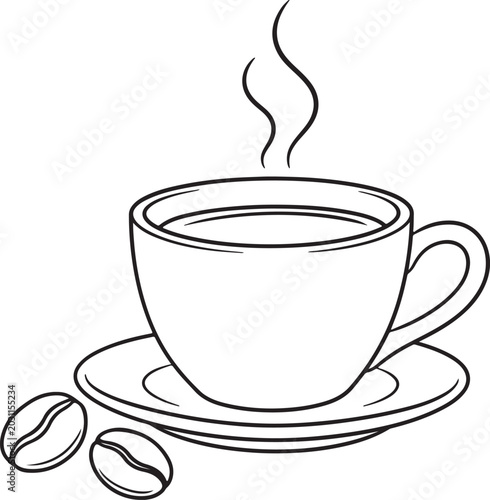 Coffee Cup, Steaming Hot Beverage, Coffee Beans, Vector Illustration