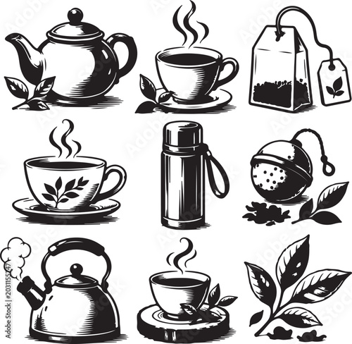 Tea Time Icons, Black and White, Vector Illustrations, Tea Cups, Teapots, Infusers