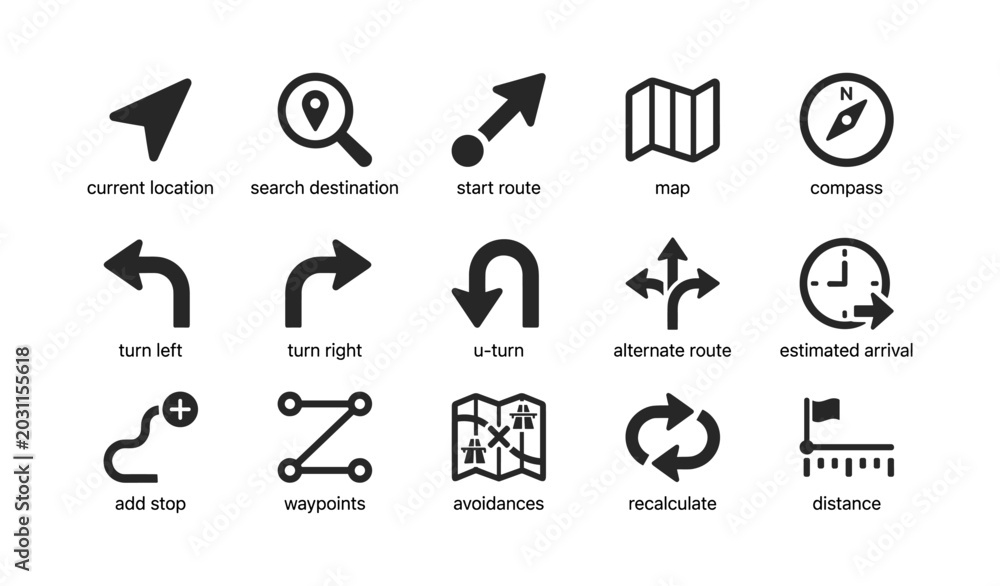 Fototapeta premium Navigation icons for route guidance arranged on white background