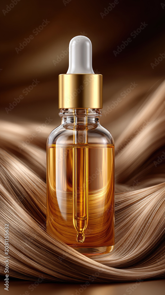 Naklejka premium Glass dropper bottle containing a luxurious golden hair serum, providing essential scalp care, hair wellness, and nourishing properties for beautiful, strong, and glowing hair
