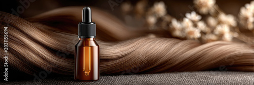 Scalp care regimen featuring a dropper bottle with hair growth serum, promoting healthy hair follicles and nourished strands for improved hair wellness