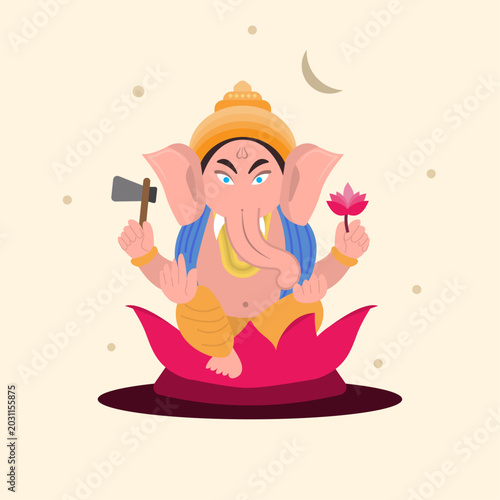 Lord Ganesha Sitting on Lotus Flower Hindu Festival Vector Illustration