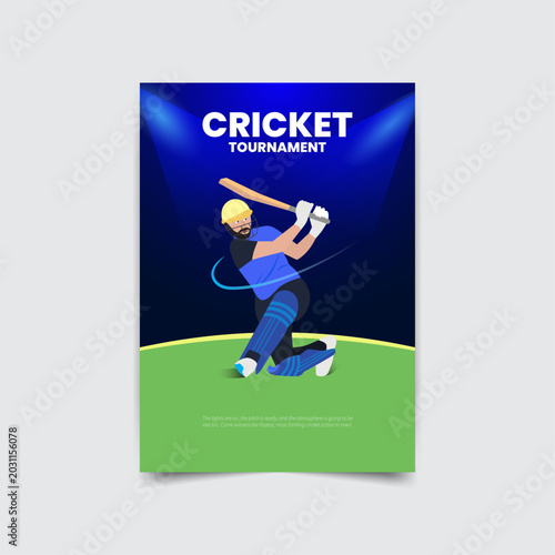 Cricket Tournament Promotion Poster with Batsman Action Illustration