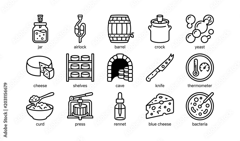 Fototapeta premium Dairy and cheese production icons arranged on white background