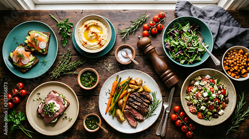 Colorful assortment of fresh healthy meals and ingredients arranged on rustic wooden table top view