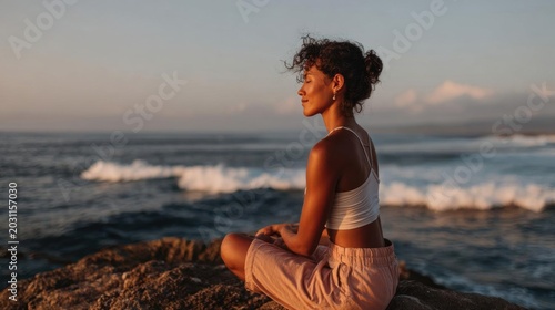 Young woman sitting on a rock by the ocean at sunset. she is wearing a white tank top and beige shorts and has her hair tied up in a messy bun.