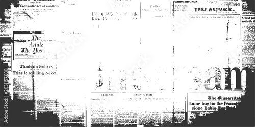 Obraz na plátně Distressed vintage newspaper collage background featuring torn paper edges, abstract monochrome typography, weathered print textures and retro grunge editorial design elements
